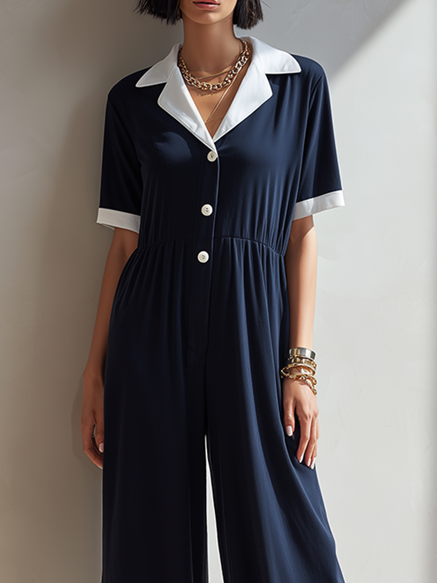 Women's Minimalist Navy & White Color-Block Lapel Short-Sleeve Wide-Leg Jumpsuit With Elastic Waist