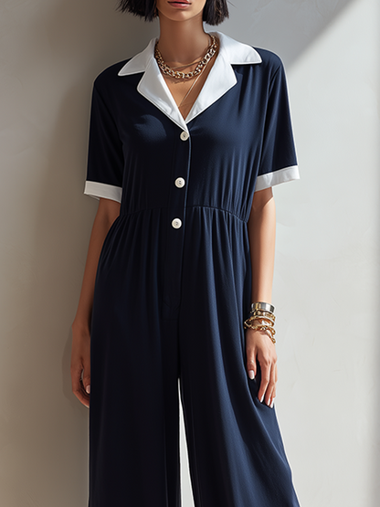 Women's Minimalist Navy & White Color-Block Lapel Short-Sleeve Wide-Leg Jumpsuit With Elastic Waist