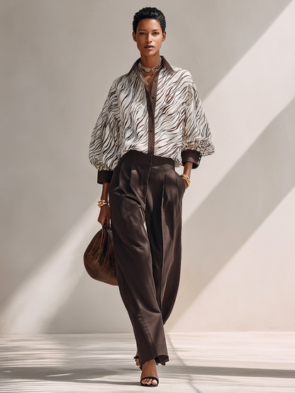 Women's Minimalist Lightweight Zebra-Print Long-Sleeve Shirt & Solid Brown Wide-Leg Trousers Two-Piece Set