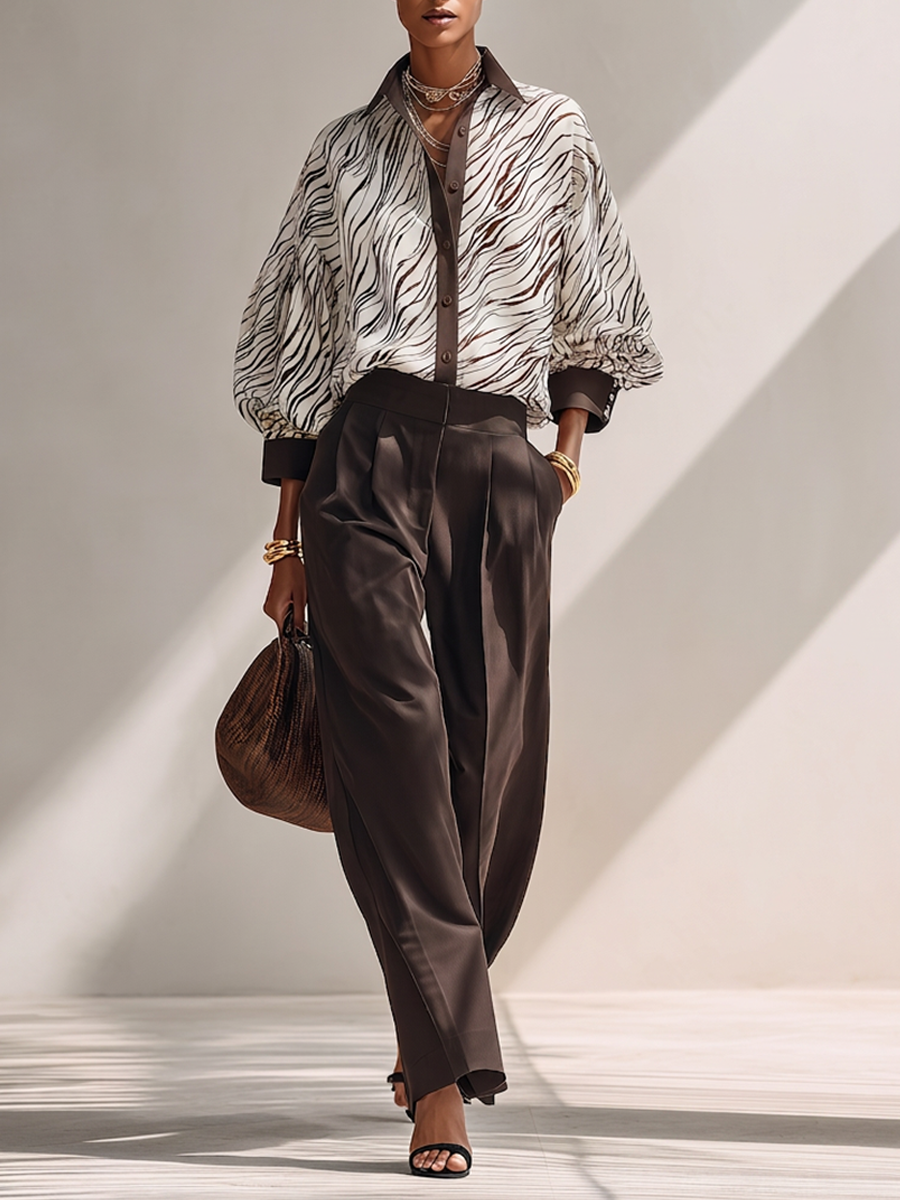 Women's Minimalist Lightweight Zebra-Print Long-Sleeve Shirt & Solid Brown Wide-Leg Trousers Two-Piece Set