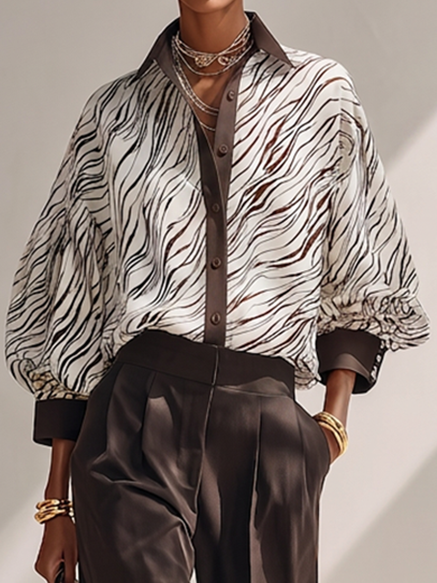 Women's Minimalist Lightweight Zebra-Print Long-Sleeve Shirt & Solid Brown Wide-Leg Trousers Two-Piece Set