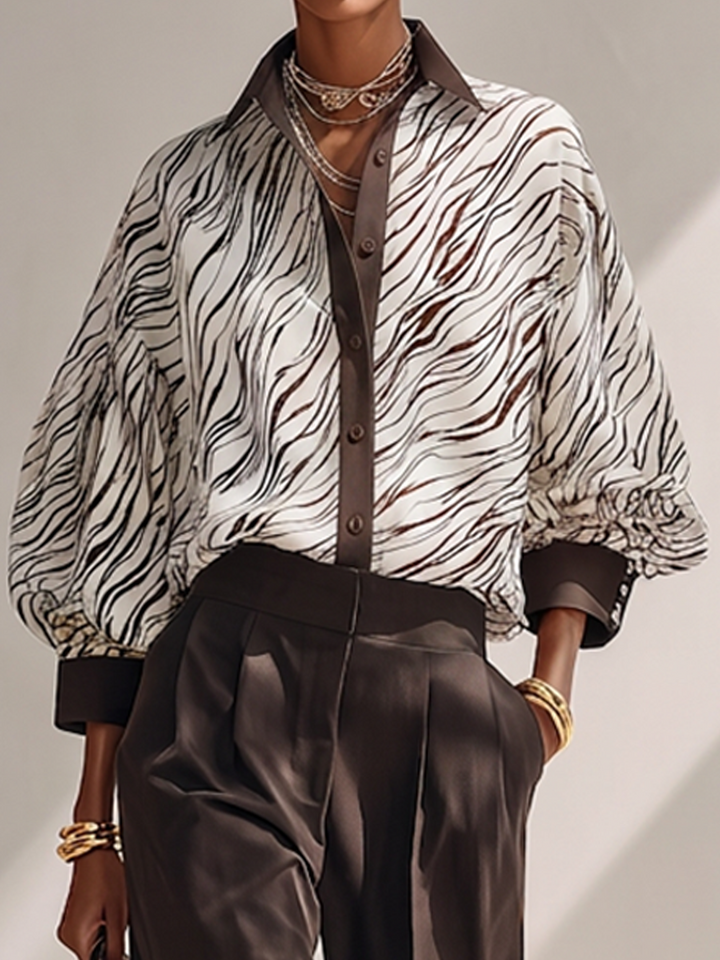 Women's Minimalist Lightweight Zebra-Print Long-Sleeve Shirt & Solid Brown Wide-Leg Trousers Two-Piece Set