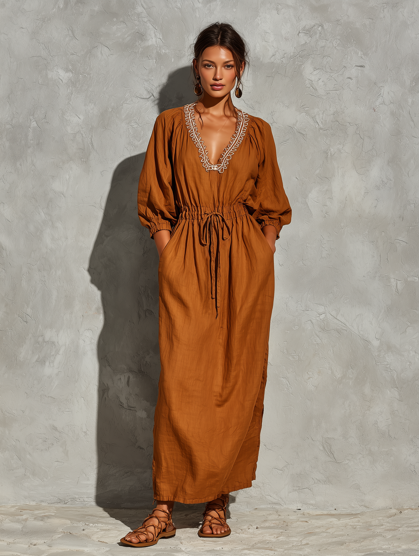 Women’s Rust Linen Blend White Contrast Embroidery V Neck Bubble Cuff Sleeve Drawstring Waist Midi Maxi Dress With Side Pockets