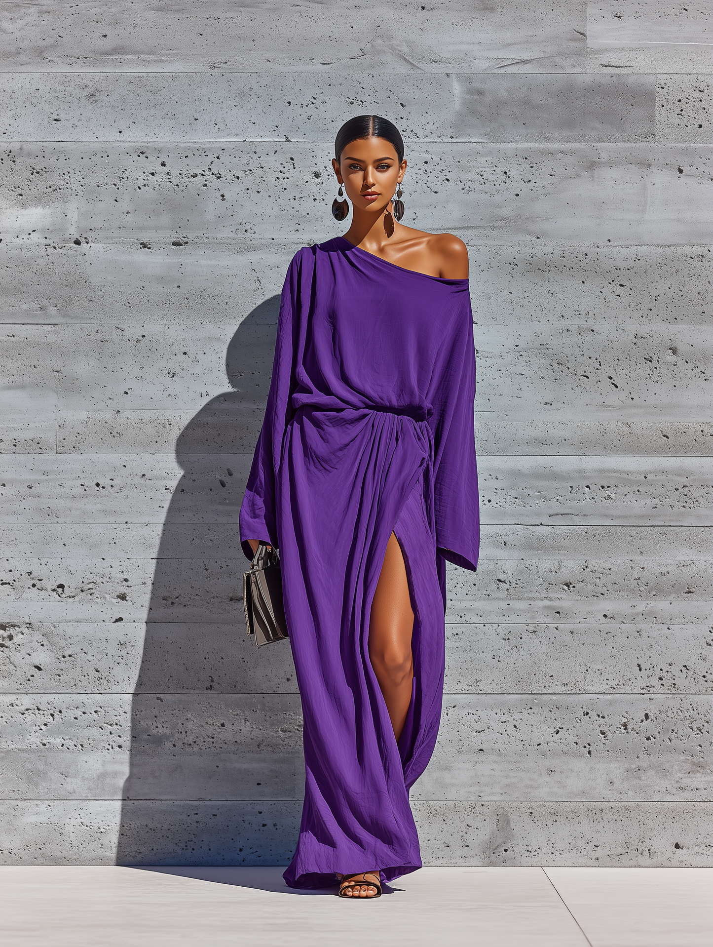Women’s Elegant Deep Purple Cotton Blend Asym Cold Shoulder Batwing Sleeve Ruched Waist Wrap Over Split Maxi Party Dress