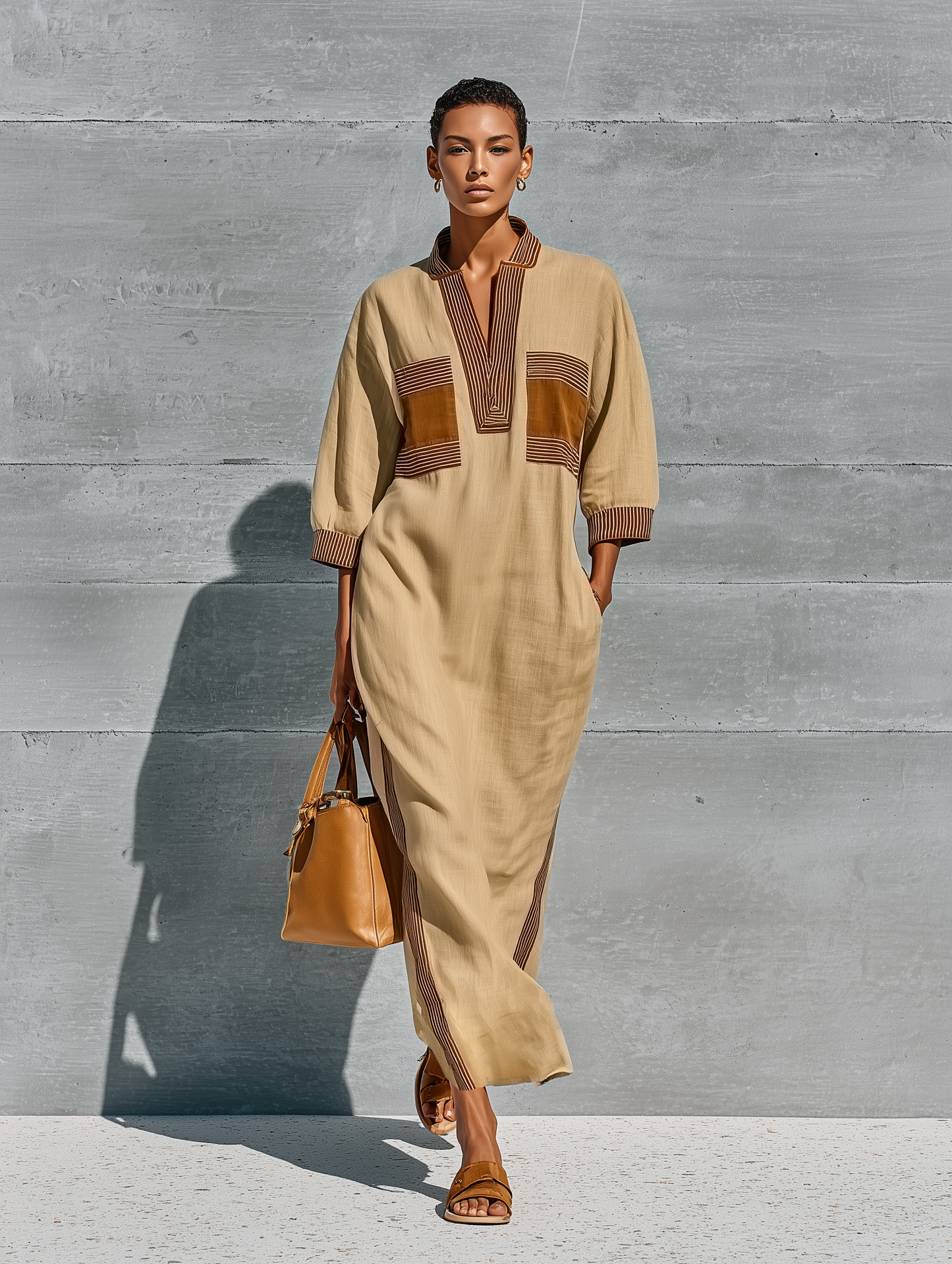 Women’s Beige Linen Blend Contrast Striped Trim Stand Collar Half Placket Batwing Cuffed Sleeve Patch Pocket Side Slit Kaftan Maxi Dress