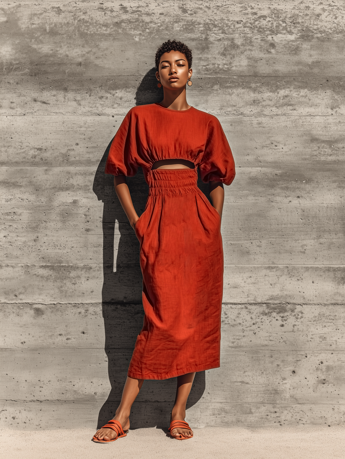 Women’s Rust Linen Blend Round Neck Puff Short Sleeve Midriff Cutout Smocked Waist Side Pocket Midi Dress