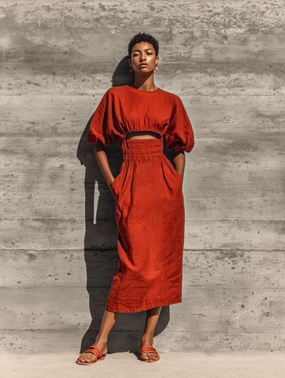 Women’s Rust Linen Blend Round Neck Puff Short Sleeve Midriff Cutout Smocked Waist Side Pocket Midi Dress