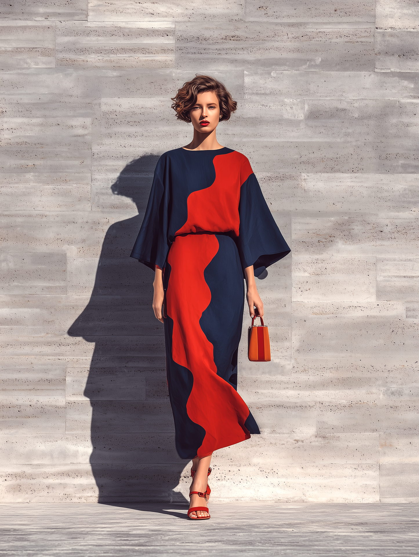 Women’s Navy & Red Wavy Color Block Round Neck Flare Three Quarter Sleeve Loose Dress