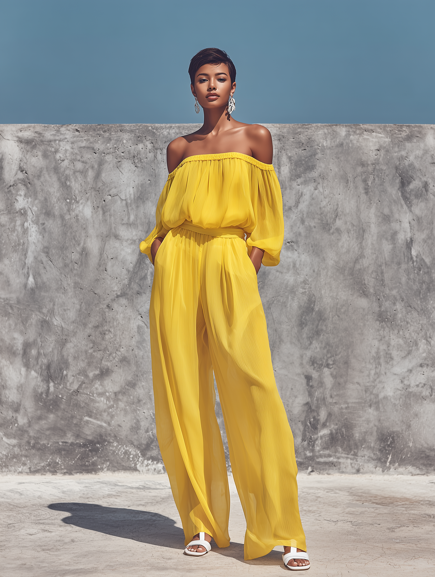 Women’s Bright Yellow Crinkled Chiffon Off Shoulder Bubble Three Quarter Sleeve Self Tie Waist Wide Leg Pants Two Piece Vacation Set