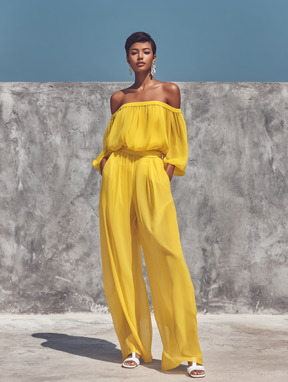 Women’s Bright Yellow Crinkled Chiffon Off Shoulder Bubble Three Quarter Sleeve Self Tie Waist Wide Leg Pants Two Piece Vacation Set