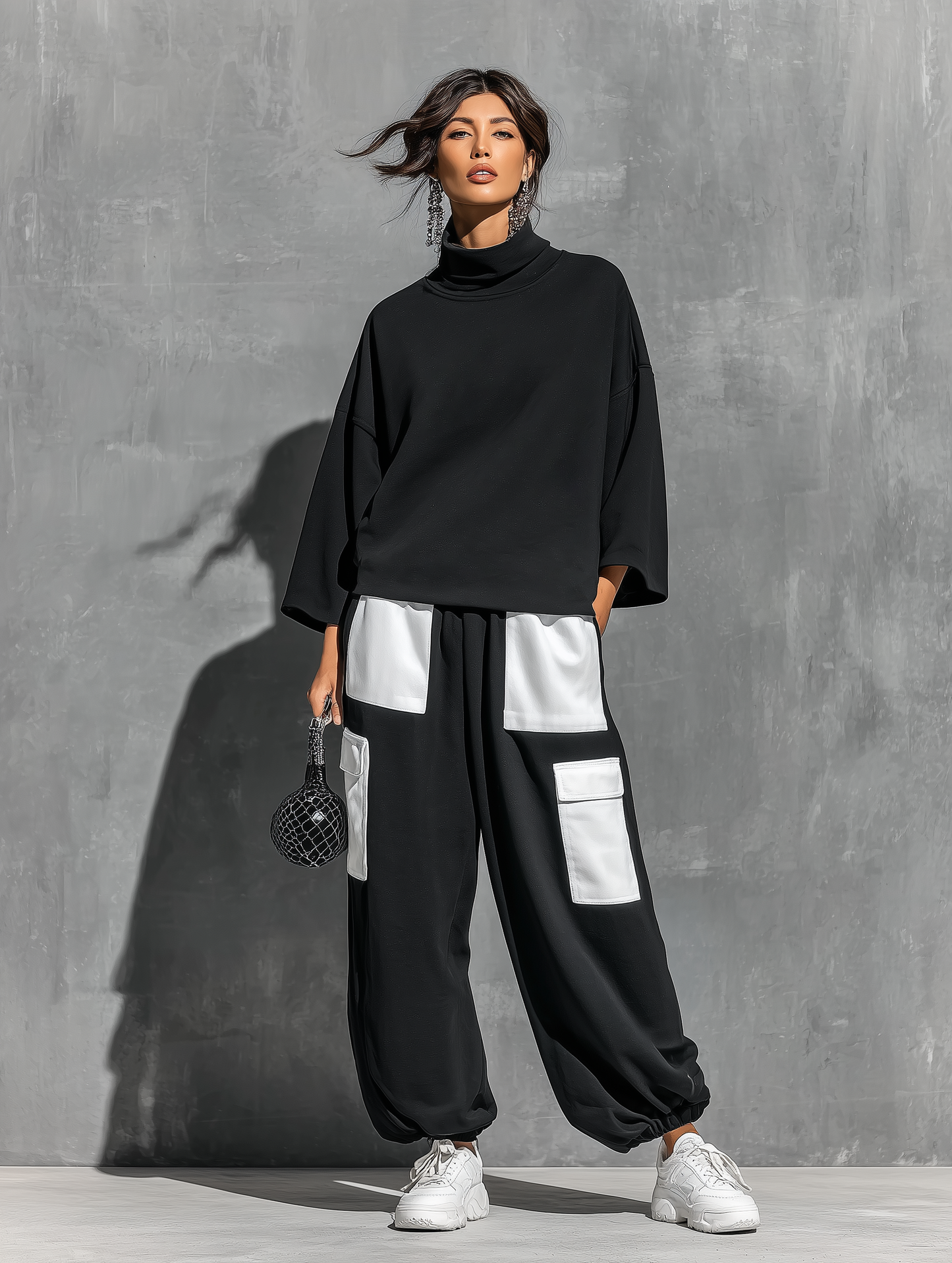 Women’s Black French Terry Oversized High Neck 3/4 Sleeve Sweatshirt & Elastic Cuff Color Block White Patch Pocket Jogger Cargo Pants Two Piece Tracksuit Set