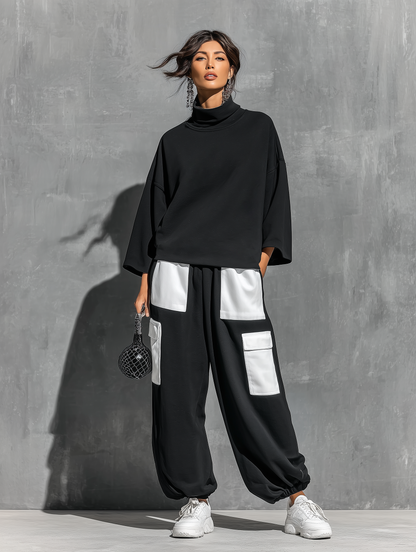 Women’s Black French Terry Oversized High Neck 3/4 Sleeve Sweatshirt & Elastic Cuff Color Block White Patch Pocket Jogger Cargo Pants Two Piece Tracksuit Set