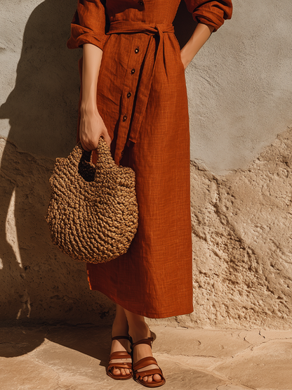 Women's Rust Terracotta Textured Linen Maxi Gown With Oversized Relaxed Silhouette & Adjustable Wrap Waist, Minimalist Effortless-Chic Summer Maxi Dress