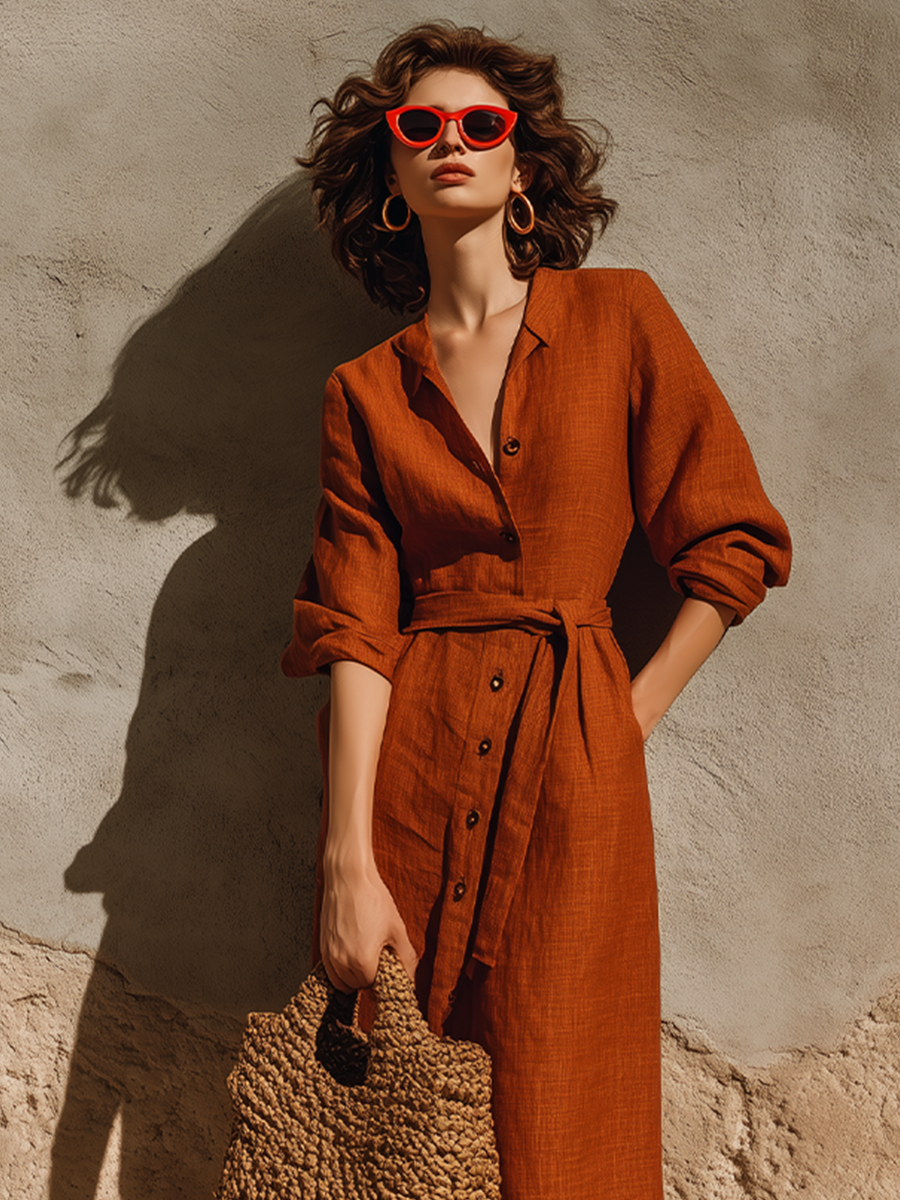 Women's Rust Terracotta Textured Linen Maxi Gown With Oversized Relaxed Silhouette & Adjustable Wrap Waist, Minimalist Effortless-Chic Summer Maxi Dress