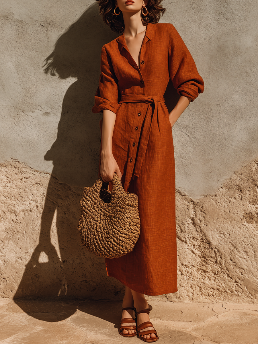 Women's Rust Terracotta Textured Linen Maxi Gown With Oversized Relaxed Silhouette & Adjustable Wrap Waist, Minimalist Effortless-Chic Summer Maxi Dress