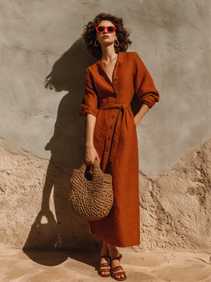 Women's Rust Terracotta Textured Linen Maxi Gown With Oversized Relaxed Silhouette & Adjustable Wrap Waist, Minimalist Effortless-Chic Summer Maxi Dress
