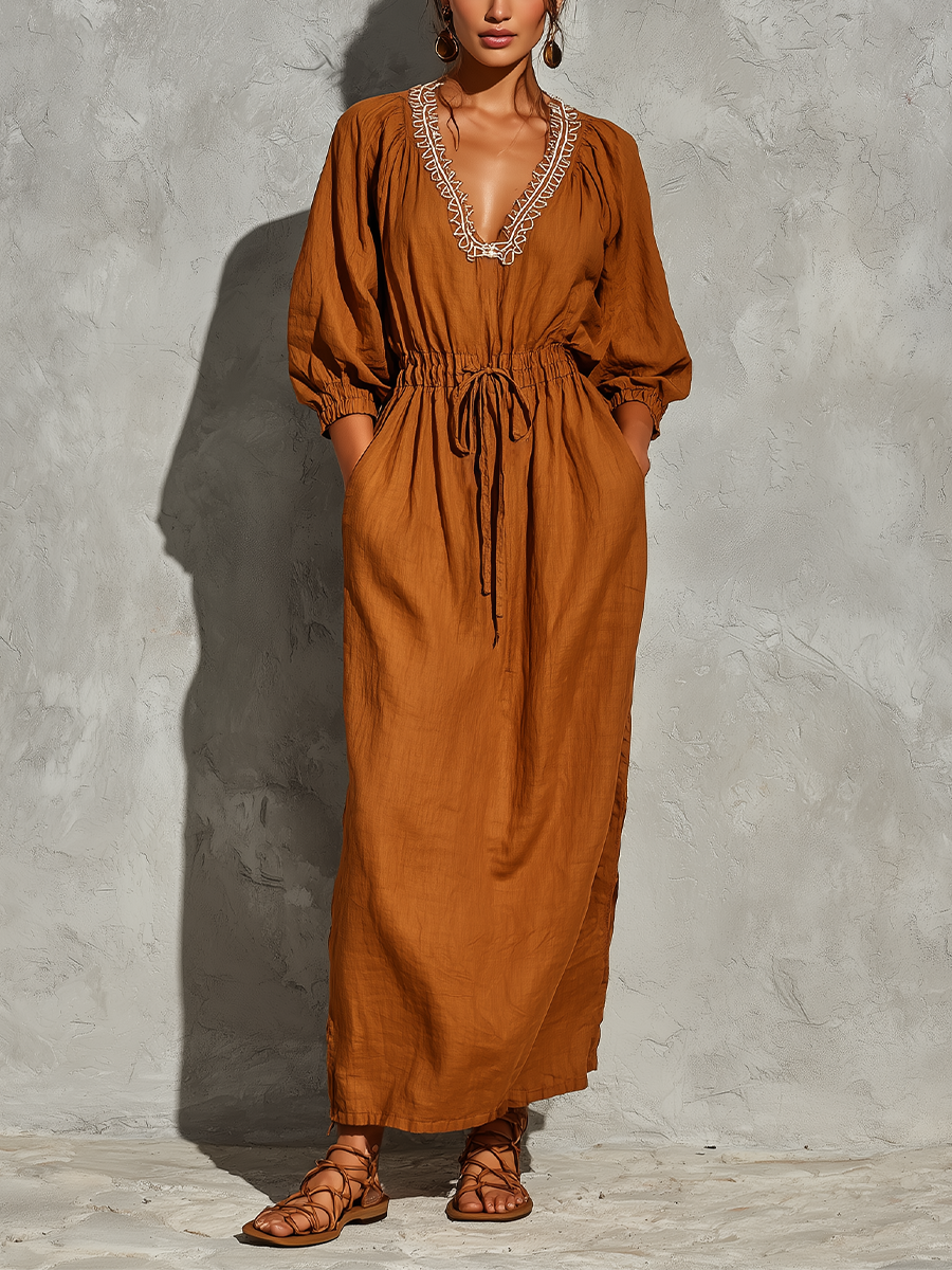 Women’s Rust Linen Blend White Contrast Embroidery V Neck Bubble Cuff Sleeve Drawstring Waist Midi Maxi Dress With Side Pockets