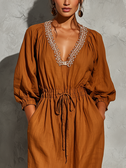 Women’s Rust Linen Blend White Contrast Embroidery V Neck Bubble Cuff Sleeve Drawstring Waist Midi Maxi Dress With Side Pockets