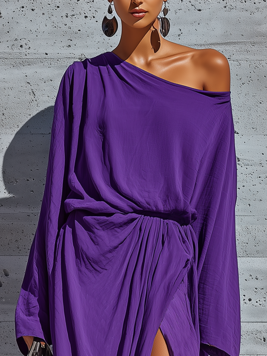 Women’s Elegant Deep Purple Cotton Blend Asym Cold Shoulder Batwing Sleeve Ruched Waist Wrap Over Split Maxi Party Dress