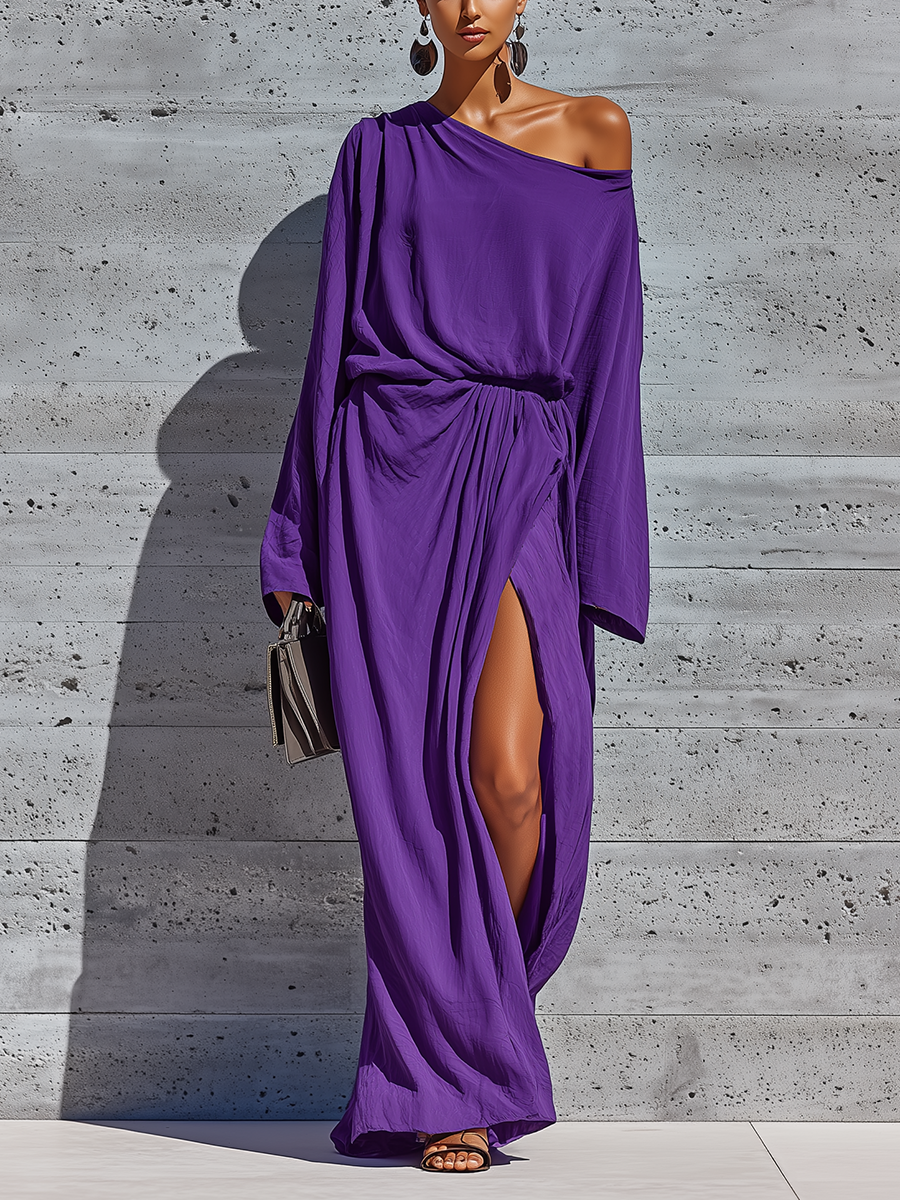 Women’s Elegant Deep Purple Cotton Blend Asym Cold Shoulder Batwing Sleeve Ruched Waist Wrap Over Split Maxi Party Dress