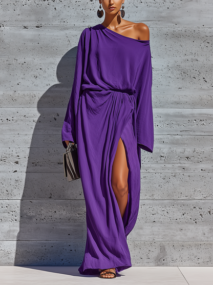 Women’s Elegant Deep Purple Cotton Blend Asym Cold Shoulder Batwing Sleeve Ruched Waist Wrap Over Split Maxi Party Dress