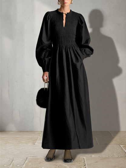 Women's Black Cotton Poplin Maxi Dress With Smocked Elastic Bodice & Puff Balloon Long Sleeves, Minimalist Elegant Side Pocket Flowy Maxi Dress