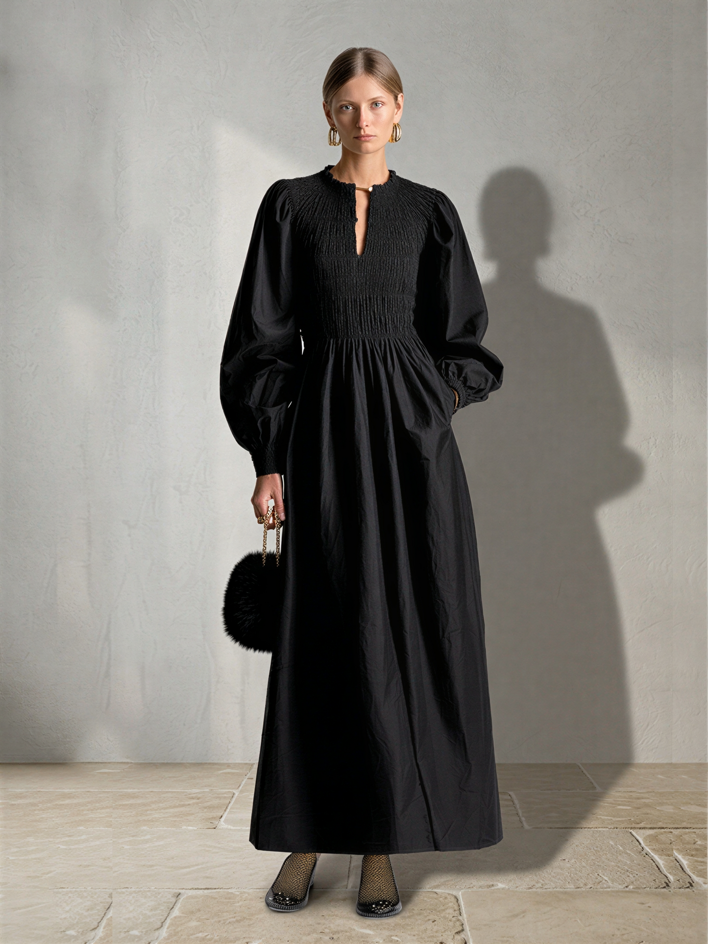 Women's Black Cotton Poplin Maxi Dress With Smocked Elastic Bodice & Puff Balloon Long Sleeves, Minimalist Elegant Side Pocket Flowy Maxi Dress