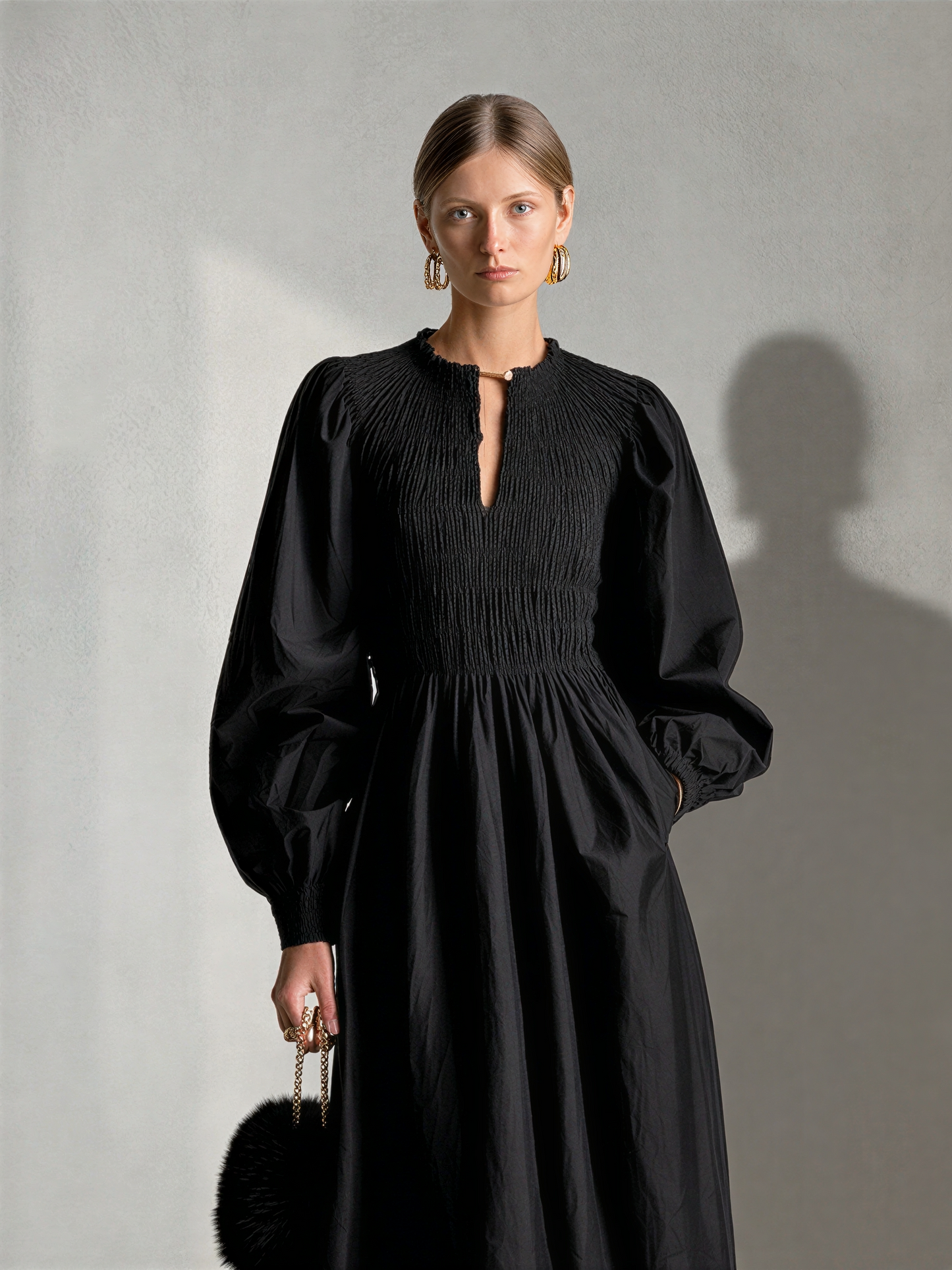 Women's Black Cotton Poplin Maxi Dress With Smocked Elastic Bodice & Puff Balloon Long Sleeves, Minimalist Elegant Side Pocket Flowy Maxi Dress