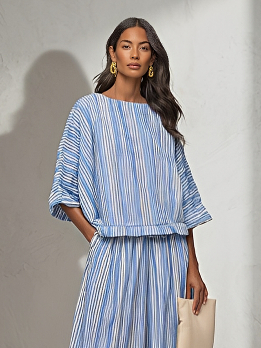 Women's Blue White Vertical Stripe Cotton Blend Two-Piece Set With Boat Neck Batwing Sleeve Top & Elastic Waist Midi Pants, Minimalist Summer Resort Matching Outfit