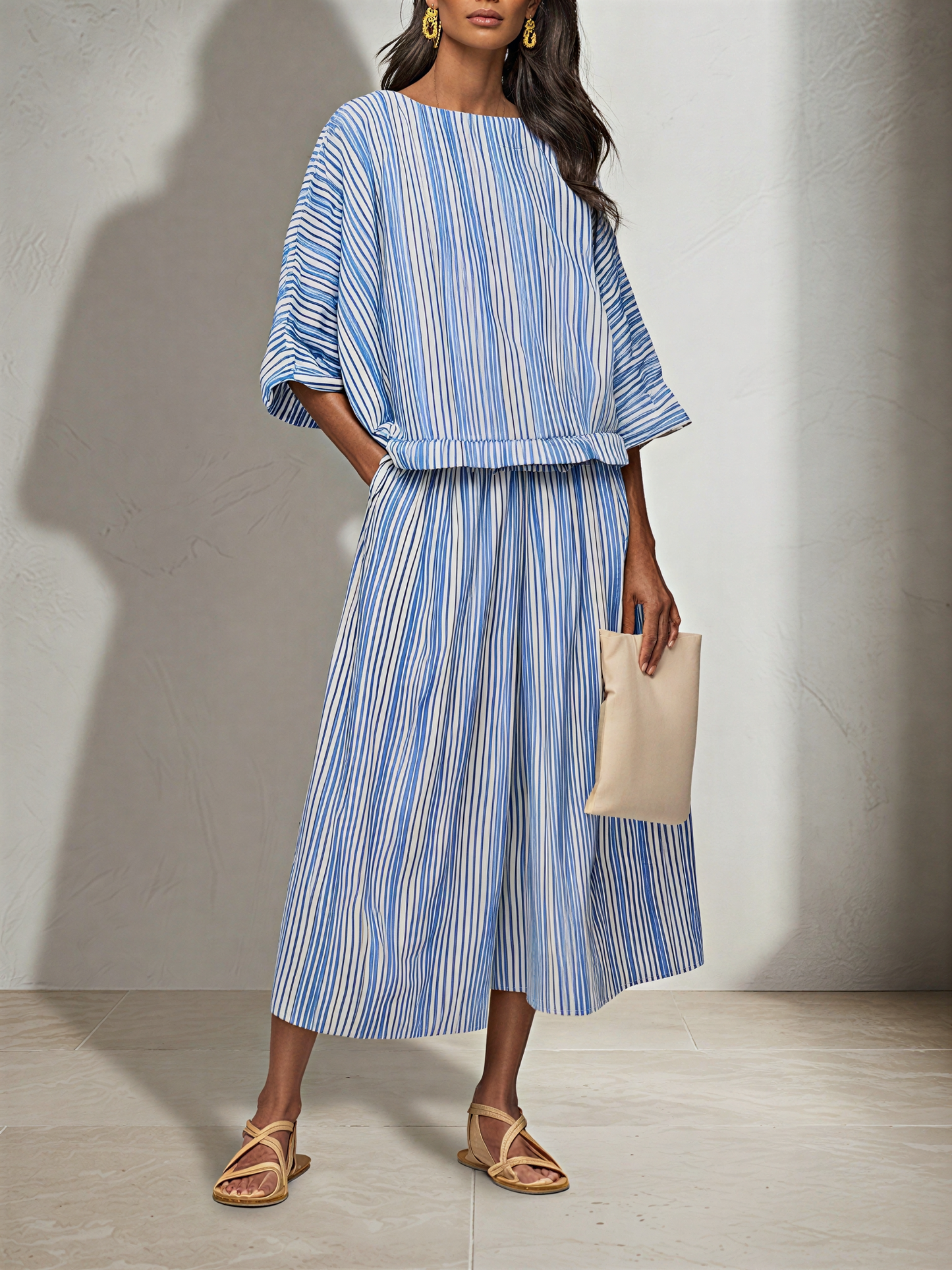 Women's Blue White Vertical Stripe Cotton Blend Two-Piece Set With Boat Neck Batwing Sleeve Top & Elastic Waist Midi Pants, Minimalist Summer Resort Matching Outfit