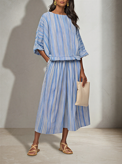 Women's Blue White Vertical Stripe Cotton Blend Two-Piece Set With Boat Neck Batwing Sleeve Top & Elastic Waist Midi Pants, Minimalist Summer Resort Matching Outfit