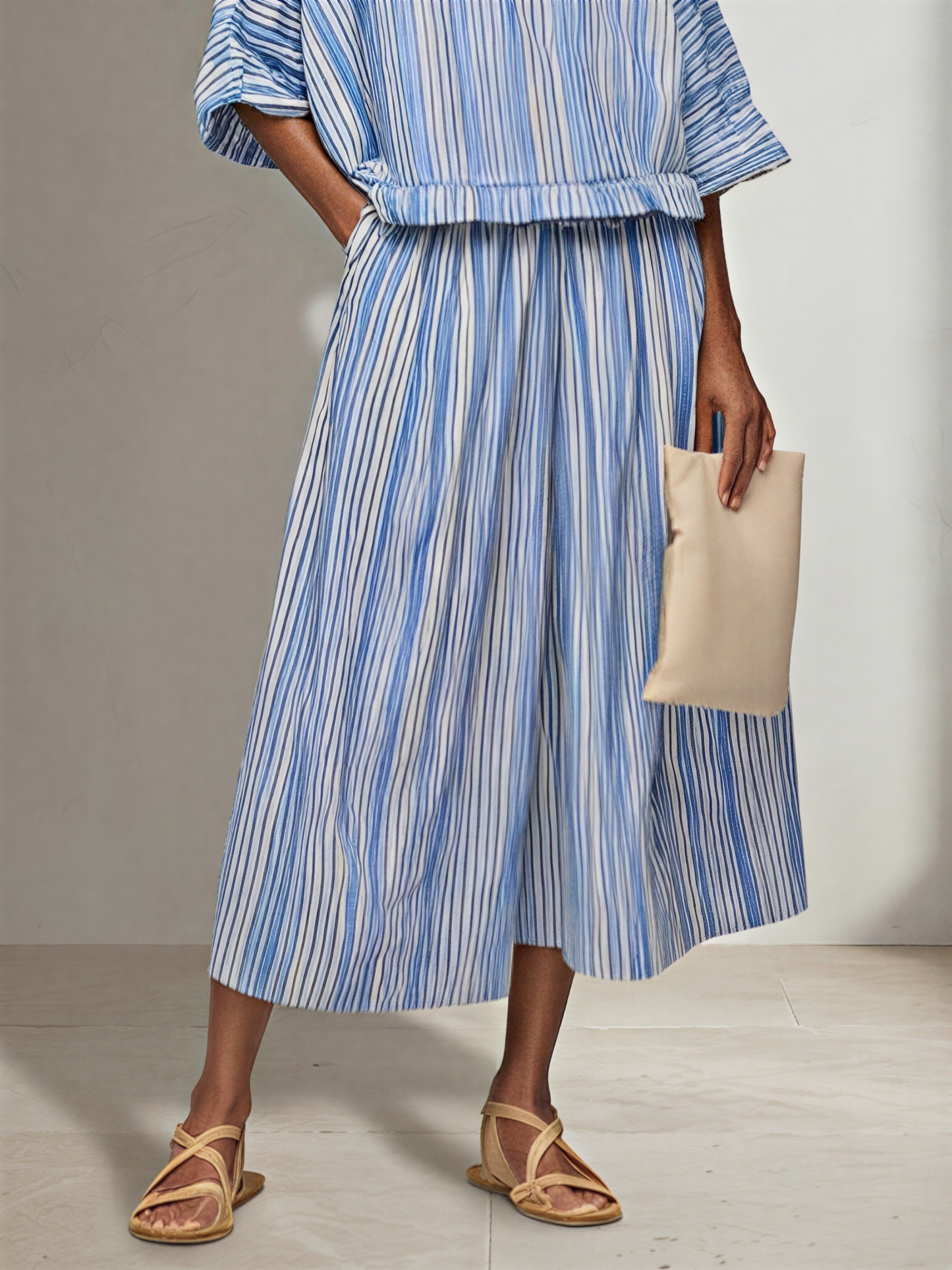 Women's Blue White Vertical Stripe Cotton Blend Two-Piece Set With Boat Neck Batwing Sleeve Top & Elastic Waist Midi Pants, Minimalist Summer Resort Matching Outfit