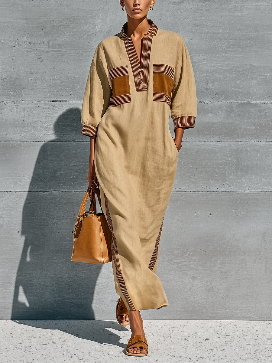 Women’s Beige Linen Blend Contrast Striped Trim Stand Collar Half Placket Batwing Cuffed Sleeve Patch Pocket Side Slit Kaftan Maxi Dress