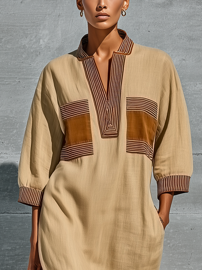 Women’s Beige Linen Blend Contrast Striped Trim Stand Collar Half Placket Batwing Cuffed Sleeve Patch Pocket Side Slit Kaftan Maxi Dress