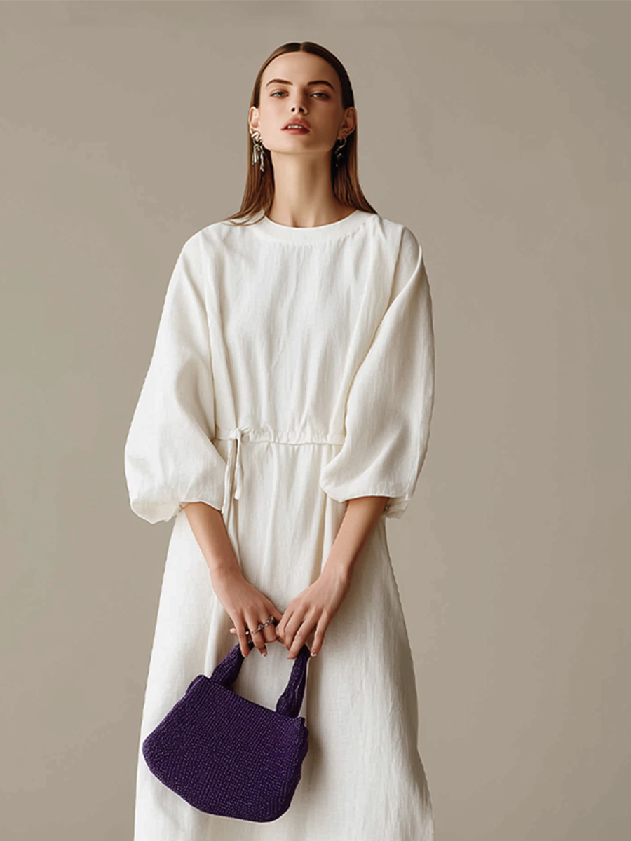 Women's Cream Textured Cotton-Blend Maxi Gown With Drop Shoulder Lantern Sleeves & Self Tie Waist Detail, Modern Effortless-Chic Everyday Maxi Dress