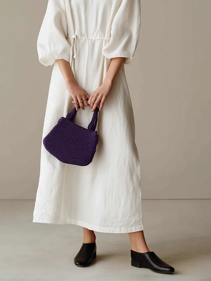 Women's Cream Textured Cotton-Blend Maxi Gown With Drop Shoulder Lantern Sleeves & Self Tie Waist Detail, Modern Effortless-Chic Everyday Maxi Dress