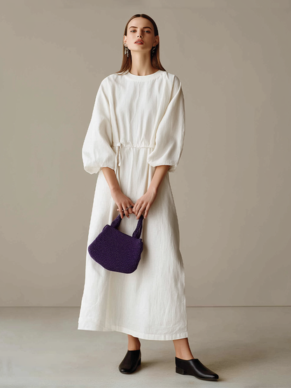 Women's Cream Textured Cotton-Blend Maxi Gown With Drop Shoulder Lantern Sleeves & Self Tie Waist Detail, Modern Effortless-Chic Everyday Maxi Dress