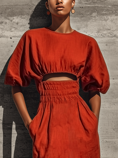 Women’s Rust Linen Blend Round Neck Puff Short Sleeve Midriff Cutout Smocked Waist Side Pocket Midi Dress