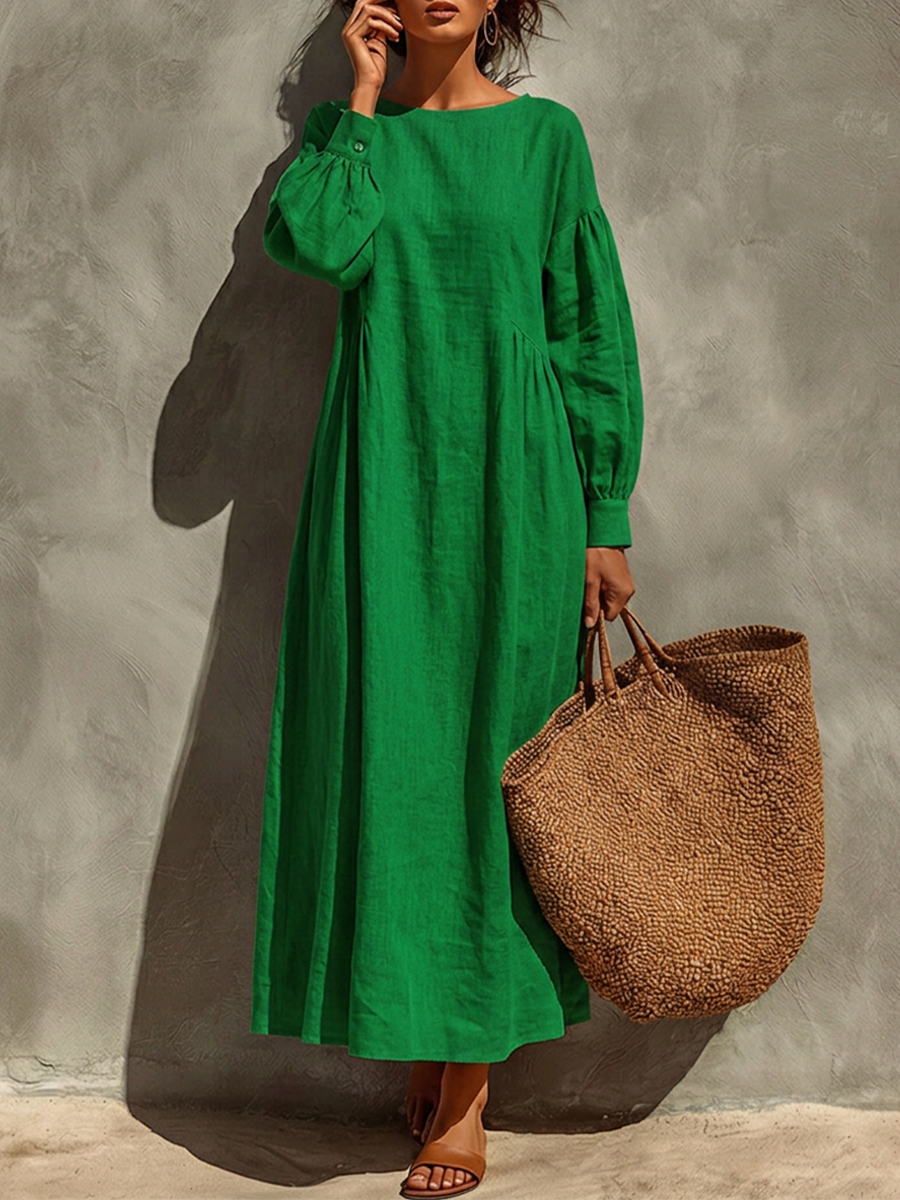 Women's Green Linen Maxi Dress With Crew Neck Puff Long Sleeves & Side Gathered Panel, Minimalist Boho Vacation Loose Maxi Dress