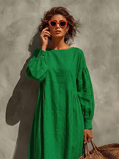 Women's Green Linen Maxi Dress With Crew Neck Puff Long Sleeves & Side Gathered Panel, Minimalist Boho Vacation Loose Maxi Dress
