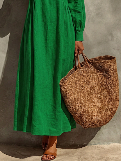 Women's Green Linen Maxi Dress With Crew Neck Puff Long Sleeves & Side Gathered Panel, Minimalist Boho Vacation Loose Maxi Dress