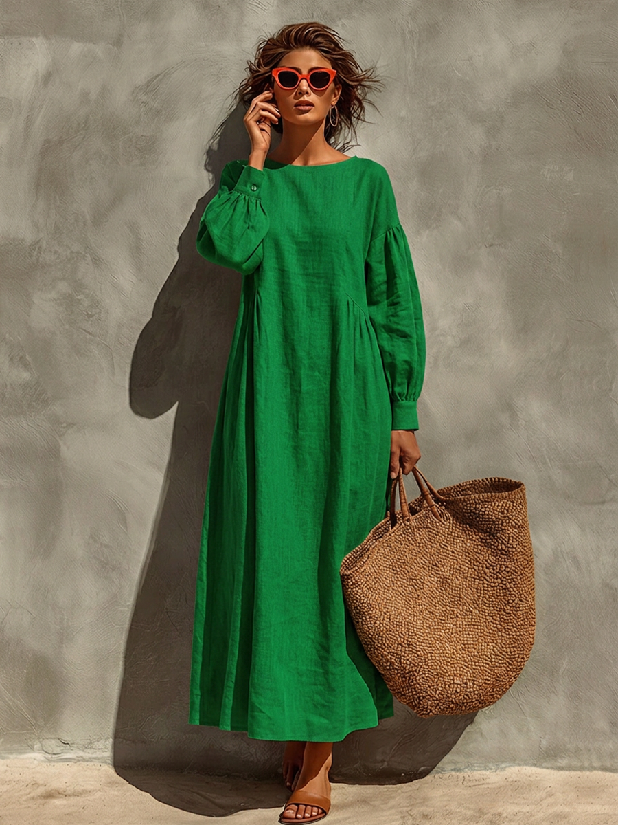 Women's Green Linen Maxi Dress With Crew Neck Puff Long Sleeves & Side Gathered Panel, Minimalist Boho Vacation Loose Maxi Dress