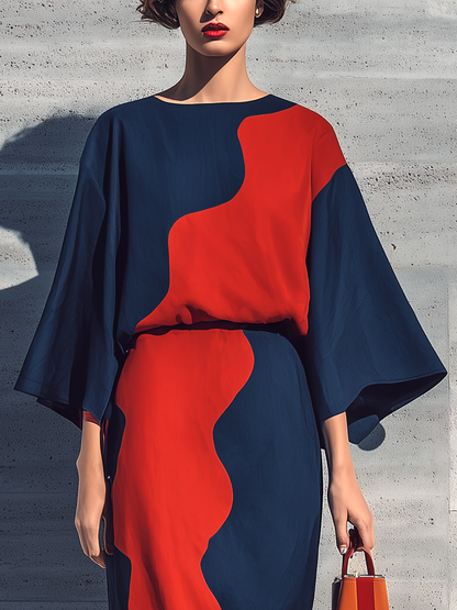 Women’s Navy & Red Wavy Color Block Round Neck Flare Three Quarter Sleeve Loose Dress