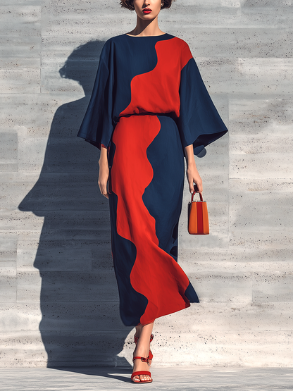 Women’s Navy & Red Wavy Color Block Round Neck Flare Three Quarter Sleeve Loose Dress