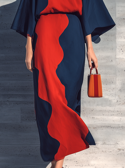 Women’s Navy & Red Wavy Color Block Round Neck Flare Three Quarter Sleeve Loose Dress
