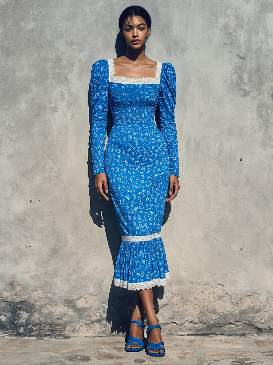 Women’s Bright Blue Ditsy Floral Square White Lace Trim Puff Long Sleeve Smocked Waist Mermaid Midi Dress