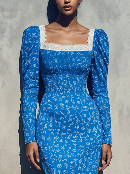 Women’s Bright Blue Ditsy Floral Square White Lace Trim Puff Long Sleeve Smocked Waist Mermaid Midi Dress