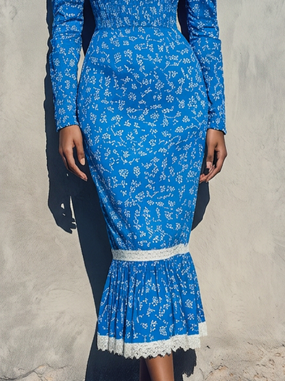 Women’s Bright Blue Ditsy Floral Square White Lace Trim Puff Long Sleeve Smocked Waist Mermaid Midi Dress