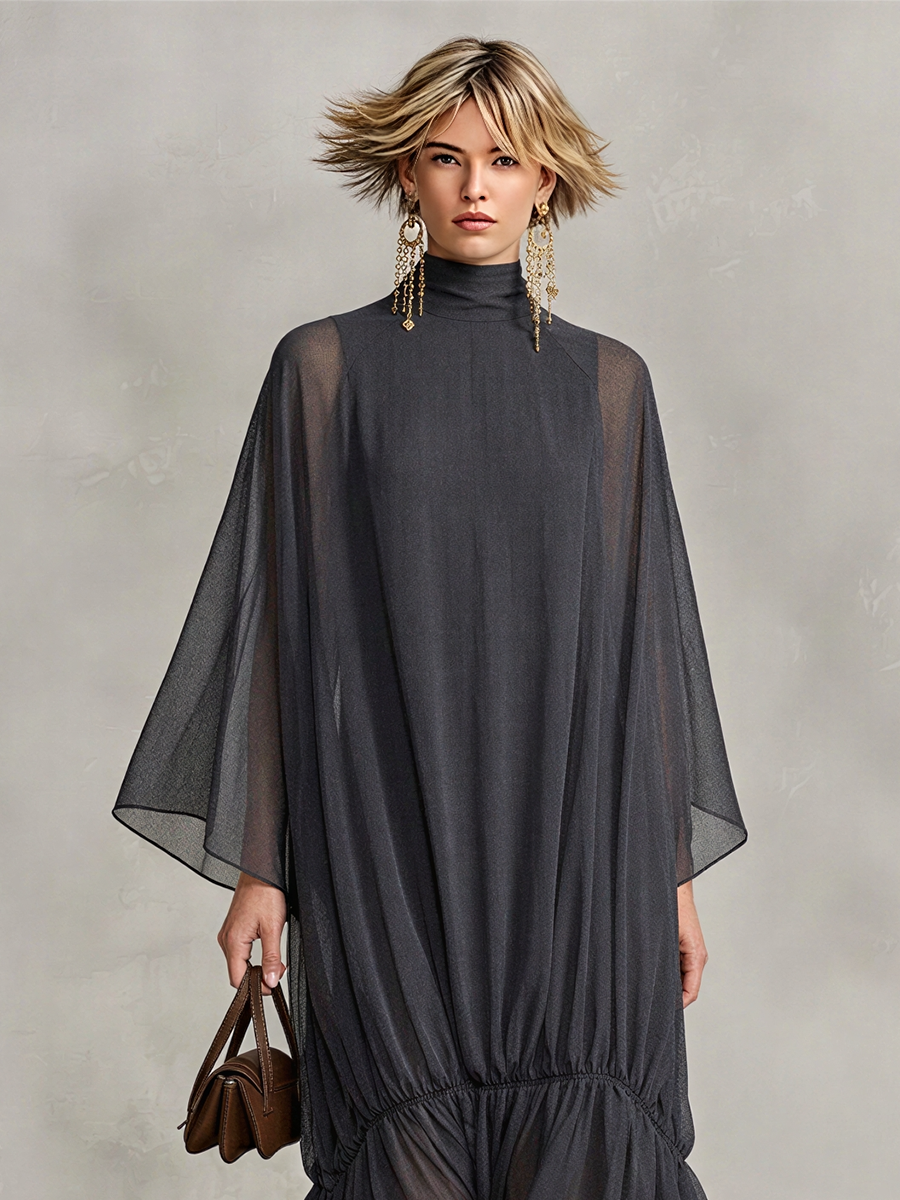 Women's Dark Gray Sheer Chiffon Maxi Dress With Turtleneck Cape Batwing Sleeves & Ruched Ruffle Hem, Minimalist Elegant Oversized Flowy Maxi Dress