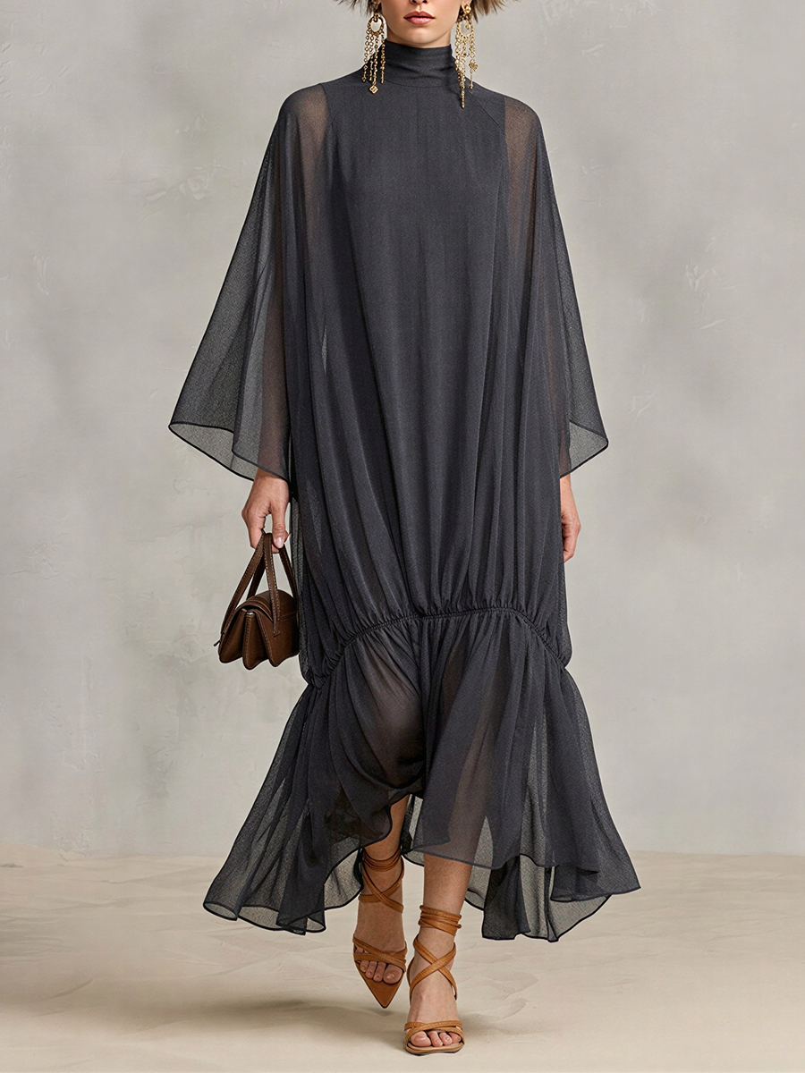 Women's Dark Gray Sheer Chiffon Maxi Dress With Turtleneck Cape Batwing Sleeves & Ruched Ruffle Hem, Minimalist Elegant Oversized Flowy Maxi Dress